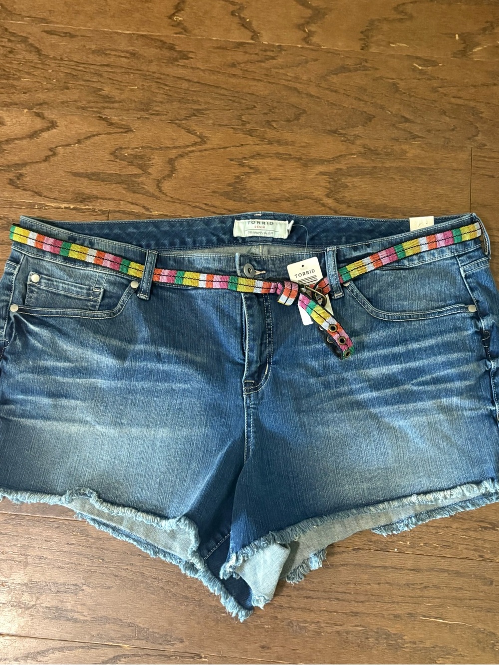 torrid Denim Cutoff Shorts with Multicolor Stripe Belt Sz. 24